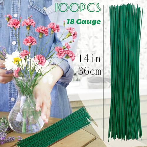xilanhhaa 100 pcs 14 inch 2mm dark green iron 18 gauge floral stems wire for artificial flowers arrangements diy crafts wedding parties garden decoration