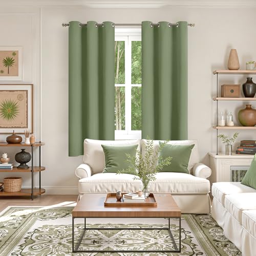 Image of YoungsTex Green Blackout Curtains 63 Inch Length for Bedroom - Olive Room Darkening Drapes with Grommet Privacy for Living Room, 2 Panels, 42 x 63 Inch