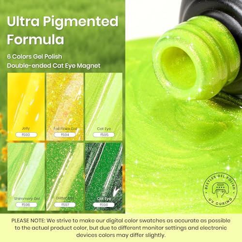 Image of Beetles Green Gel Nail Polish Set - 6 Colors Cat Eye Sparkle Glitter Gel Polish Starter Kit with Magnet, Summer Lime Yellow Flash UV LED Gel Nail Kit for DIY Home & Salon Use