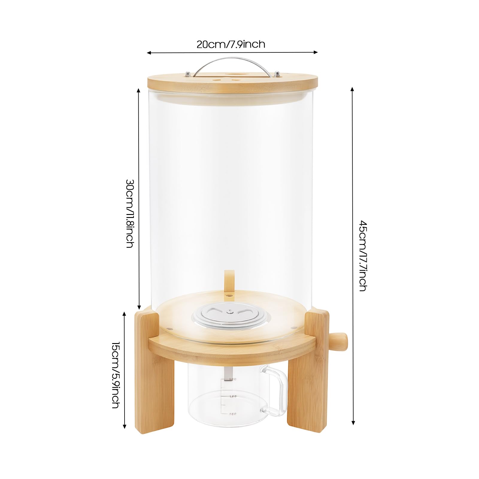 Recipiente de cristal de 7,5 litros, dispensador de arroz, recipiente de cristal con tapa sellada y soporte de madera, recipientes creativos de vidrio para la organización y almacenamiento en