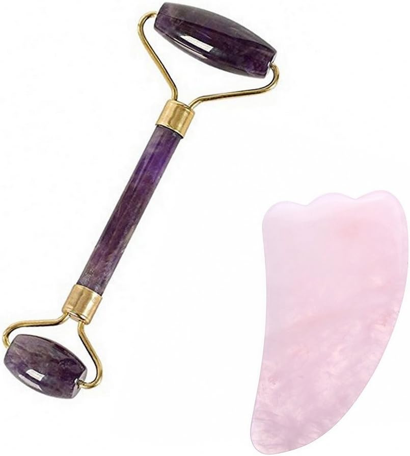 Jade Roller Massager Natural Amethyst Quartz Facial Roller Massage Jade Stone Face Neck Massage Skincare Tool Anti-Wrinkle with Double Head and gua sha Scraping Massage Tool