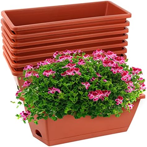 8pcs Window Box Planter,17 Inches Flower Window Boxes, Rectangle Planters Box with Drainage Holes and Trays, Plastic Vegetable Planters for Windowsill Patio Garden Home Decor Porch Yard (Red)