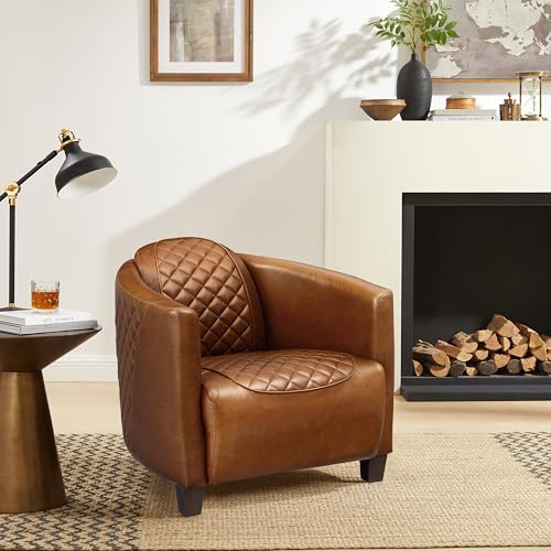 Art Leon Genuine Leather Chair, Mid Century Industrial Accent Arm Chair, Vintage Leather Upholstered Club Barrel Chair with Aluminum Patchwork, Cognac