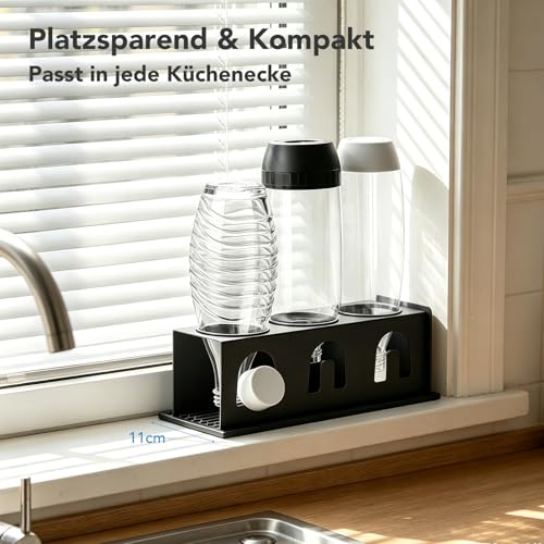 ACTIV Cuisine Flaschenhalter für Sodastream Duo Crystal Flaschen, 3er Edelstahl Abtropfhalter Abtropfgestell platzsparend, Breite 11cm, mit Abtropfmatte, Deckelhalter, Flaschenbürste, Schwarz 2