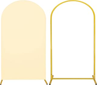 Metal Arch Stand and Cover Set,1 Beige Spandex Fitted Backdrop with 1 Gold Wedding Arched Stand Frame for Parties Birthday Baby Shower Bridal Banquet Decoration (7.2FT)