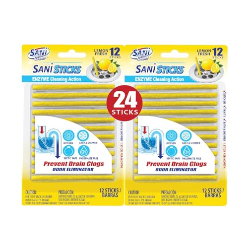 Comparison: Best Sink Drain Cleaner For Smell 6 SANI 360° Sani Sticks Drain Cleaner and Deodorizer, 24 Count, Lemon Scent Enzyme Pipe Cleaners, Eliminate Odors, Prevent Clogged Drains, Safe for Sinks, Bathtub Drains, Septic Tanks