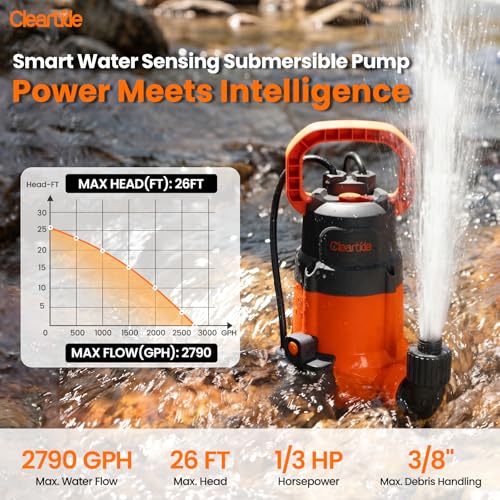 Image of Cleartide 1 /3 HP Submersible Utility Pump, 2790 GPH High Flow, Portable Sump Pump with Auto Water Sensor, Ideal for Flooded Basement & Yard, Hot Tub, Pond and Garden Draining