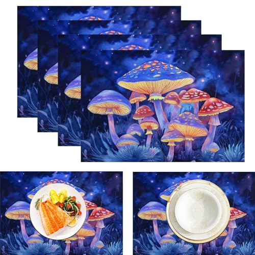 Juego De 6 Manteles Individuales para Mesa De Comedor con Estampado Cielo Estrellado De Acuarela, Manteles Individuales De Lino, Resistentes Al Calor, Antideslizantes (Hongos Mágicos)