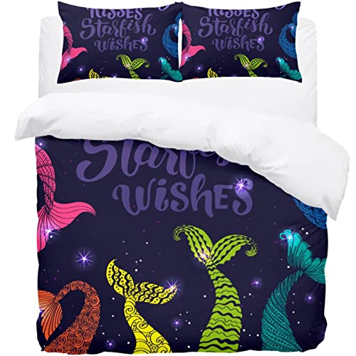 Parure de lit simple avec housse de couette sirène et 2 taies d'oreiller douces