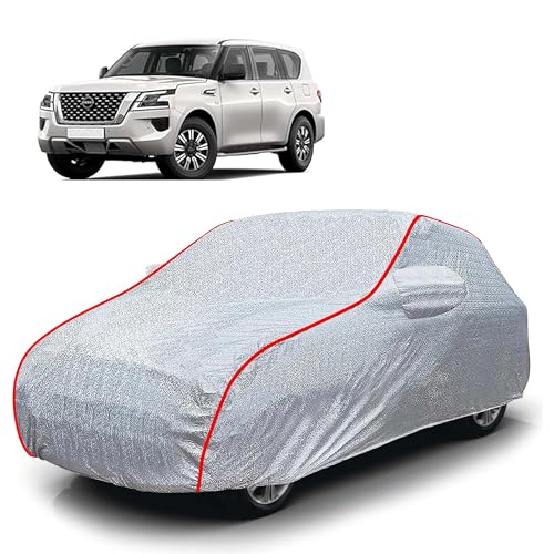 Image of Sulfar 100% Waterproof Car Body Cover Compatible with Mirror for Nissan Patrol (Triple Stitched, Full Bottom Elastic, Magic Silver with Red Piping)