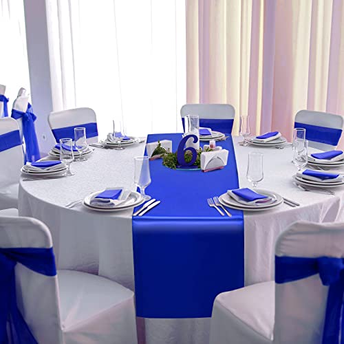 Image of 12 Pack 12x108 Inch Satin Table Runner and 84 Inch Round Plastic Tablecloths Set Royal Blue and White Disposable Table Cover for Graduation Wedding Bridal Shower Anniversary Birthday Party Decorations