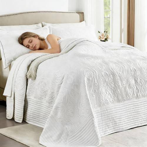 Image of ENJOHOS Oversized King Quilt White, 128x120 California King Bedspread, 3 Piece Soft Microfiber Lightweight Extra Wide Bedding Comforter Set, Vintage Boho Striped Pattern Summer Coverlet