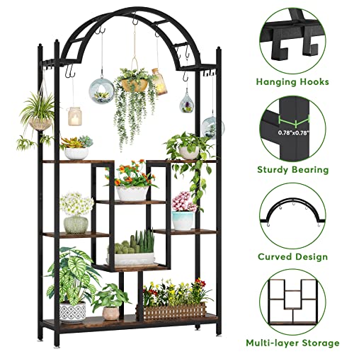 Image of Tribesigns 5-Tier Tall Indoor Plant Stand, 74.8'' Arched Metal Flower Shelf with Hanging Hooks, Large Bonsai Pots Display Rack for Indoor, Balcony, Living Room