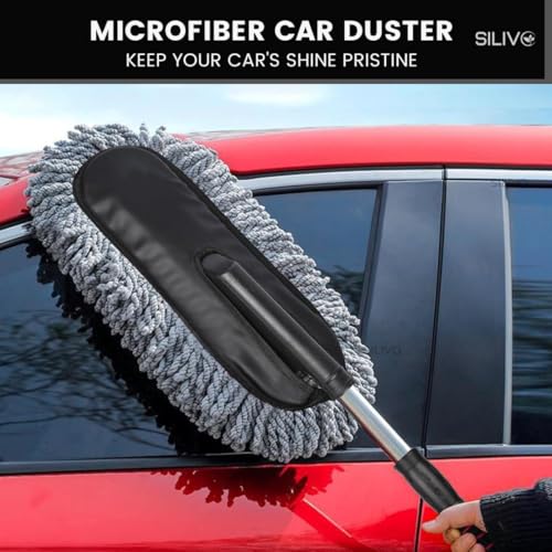 Image of SILIVO Car Cleaning Duster with Extendable Handle | Microfiber Mop for Car, Bike & Home Dusting | Reusable, Washable Dry Cleaning Brush for Interior & Exterior Use (33 inch, Multi Color)
