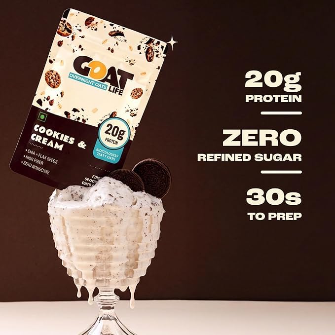 Image of GOAT Life Overnight Oats | 20g Protein | High Fibre | Nutrient-Rich | No Sugar | Gluten-Free & Vegan | Supports Weight Management & Muscle Recovery | Instant Breakfast (Cookies & Cream, Pack of 7)