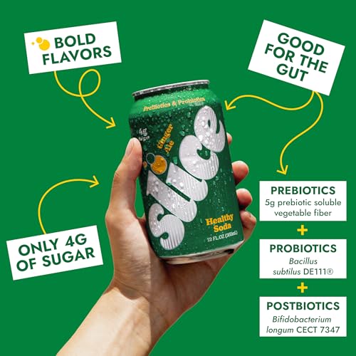Image of Slice Healthy Soda, Ginger Ale, Prebiotic & Probiotic Soda Pop, 5g Fiber, 35 calories, 12 fl oz 12 Pack