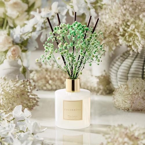Image of COCORRINA Reed Diffuser - White Jasmine 6.7 Fl.oz Reed Diffuser Set with Sticks & Preserved Baby's Breath, Reed Diffuser for Home Bathroom Shelf Decor