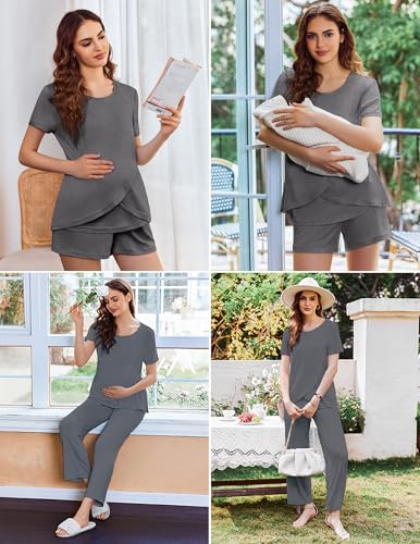 Image of Ekouaer 3 PCS Maternity Nursing Pajamas Set Postpartum Breastfeeding Short Sleeve Shirts, Pregnancy Shorts & Pants Pjs S-XXL