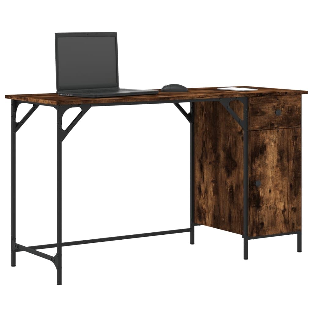 Computertisch Räuchereiche 131x48x75 cm Holzwerkstoff mit Metallrahmen, Schublade, Regal und Tastaturablage, Homeoffice Arbeitsplatz für PC, Laptop, Gaming und Büroorganisation