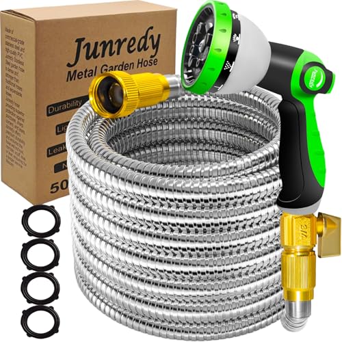 Junredy 50FT Garden Hose Stainless Steel, Heavy Duty Flexible Metal Water Hose with 10-Function Nozzle, Lightweight & No-Kink Garden Hose, Durable Solid Fittings for Lawn, Car, RV, Outdoor Watering