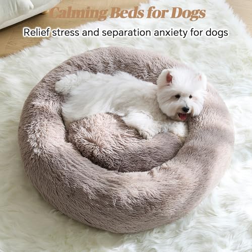 Calming Small Dog Bed, Donut Fluffy Anti-Anxiety Round Washable Cute Bed, Plush Cozy Cuddler Warming Soft Comfort Pet Bed for Small Medium Dogs Cats, 20inch,Brown - Image 3