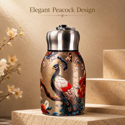 Image of Mini Stainless Steel Insulated Water Bottle 300 ml, Double Wall Vacuum Thermal Flask, Leak-Proof Travel Bottle with Peacock Print Design, Portable Hot & Cold Drink Bottle, Pack of 1