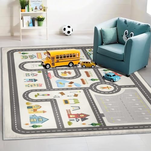 5x7ft Kids Town Road Play Rug - Non-Slip Acrylic Carpet with Interactive City Map Design, Educational Toy Vehicle Mat for Kids, Bedroom Playroom Nursery Gift.
