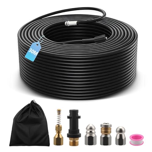 Furet Deboucheur Canalisation Haute Pression 30M,Tuyau Flexible 210 Bar 60°C,Avec Adaptateur,Buse Fixe/Rotative,Rallonge De Tuyau Pour Karcher Nettoyeur Compatible Avec...