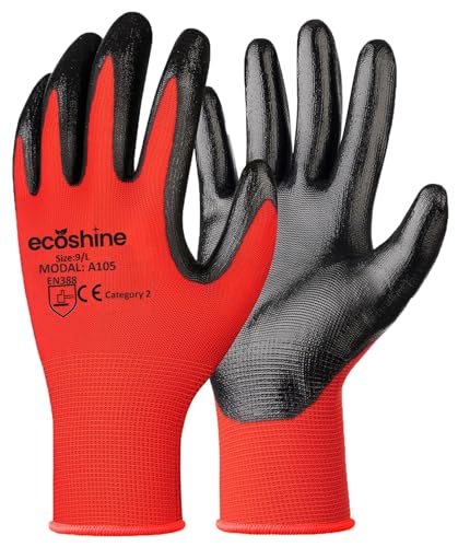 Ecoshine Supplies 24 Pairs work Gloves Red Nitrile Coated Gloves, Heavy Duty Non-Slip Grip for Building and Gardening Warehouse Gloves PREMIUM Quality (Medium/8)