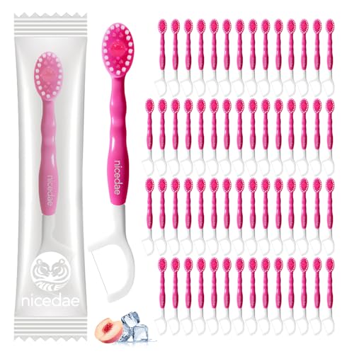 nicedae Disposable Mini Travel Toothbrush Bulk with Toothpaste 5in1 60Ct Portable Toothbrushes Set Floss Pick Tongue Scraper Cruise and Travel Essentials (Pink)