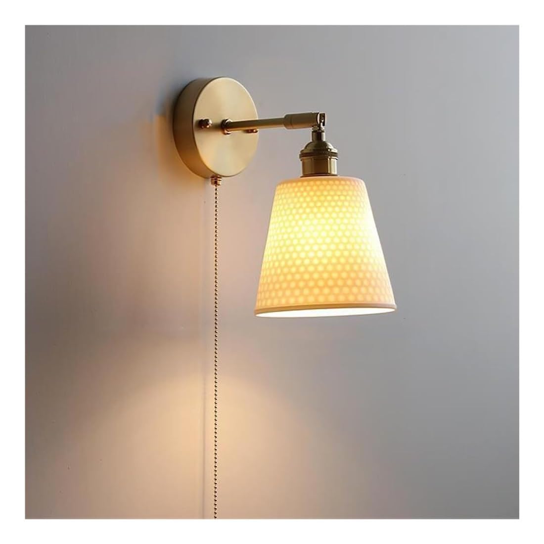 HPTHLY Vintage White Ceramic Wall Sconce Mid Century Brass Adjustable Arm Wall Light Pull Cswitch Nordic Farmhoused Hallway Wall Mounted Lamp Fixtures Bedro(Circle Ceramic)
