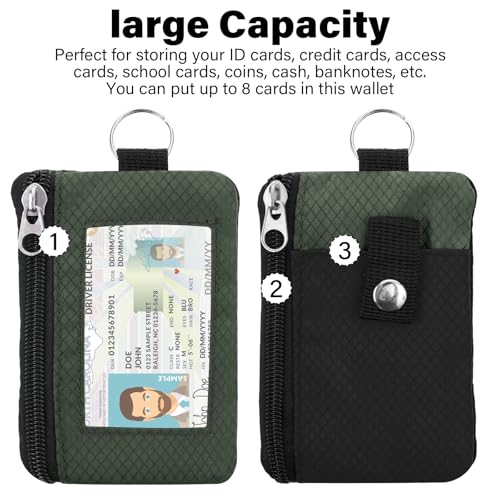 Image of Minimalist RFID Wallet with Lanyard, Multi-Functional ID Case with 2 Zipper Pockets and Key Chain for Men and Women, Tactical Badge Pouch Cards Holder, Coin Purse for Travel Sports - Black&Army