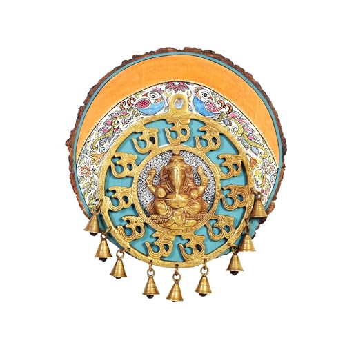 Image of AAKRITI ART CREATIONS Aum Ganesha Wall Hanging, Handcrafted Wooden Decor with Om Symbols and Bells, Dhokra Art Set of 1, Multi Color | Matte Finish Mango Wood | Living Room, Bedroom, Office