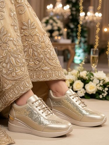 Image of Vendoz Women Wedding & Party Casual High Heel Sneakers I Cushioned Insole I Glittery & Embellished Bridal Wear I Lightweight and Stylish Shoes for Girls CNV7065