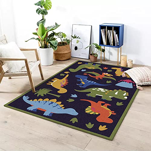 Rururug Alfombra Pelo Corto para Salón habitación de los Niños Dormitorio Infantil, decoración del hogar Alfombrillas Protectoras,Dinosaurio Azul Amarillo Verde, niños 100 x 160 cm Cover
