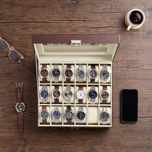 Image of ProCase Watch Box Organizer, 18 Slot Watch Display Case, Espresso&Beige | Watches Storage Boxes Holder for Men Women, Large Glass Lid, Removable Pillows, Anniversary Christmas Birthday Gifts