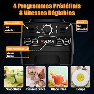 Enfmay Blender 2000W, Mixeur Blender avec Fonction Pulse et Nettoyage Automatique, Envase Libre de BPA de 2L, 4 Programmes Prédéfinis 8 Vitesses, Mixer Blender Puissant pour Smoothies Légumes Fruits