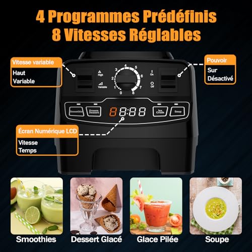 Blender 2000W puissant de 2L avec 4 programmes et 8 vitesses