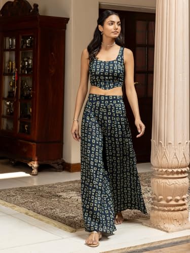 Image of FIORRA Women's Navy Blue Cotton Printed Co-ord Set