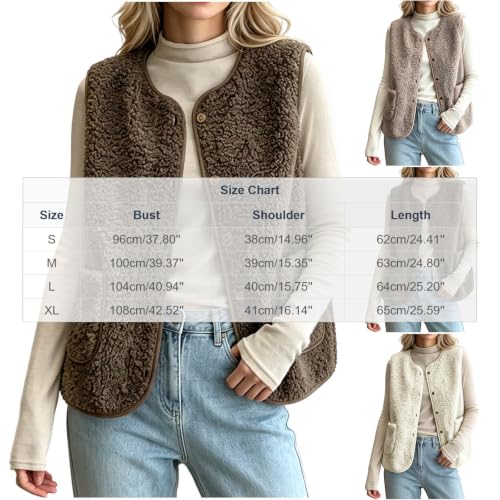 Womens Sherpa Fleece Vest Button Front Crew Neck Pockets Casual Fall Layer - image 5