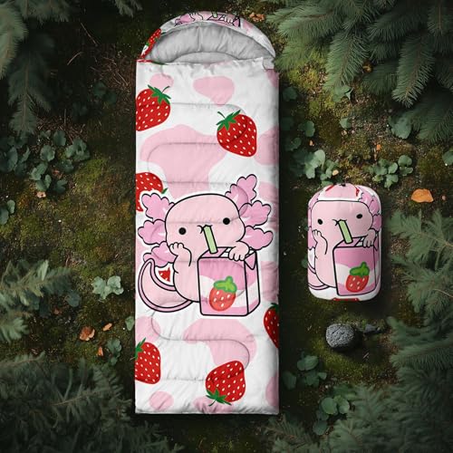 Image of QOOMO Axolotl Cute Camping Sleeping Bags,3 Season Warm & Cool Weather,Lightweight,Waterproof Sleeping Bags for Adults & Kids,Traveling,and Outdoors