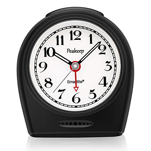 Peakeep Auto Nightlight, Battery Operated No Ticking Silent Analog Alarm Clock, Snooze, Ascending Electric Beep Sounds, Easy Set