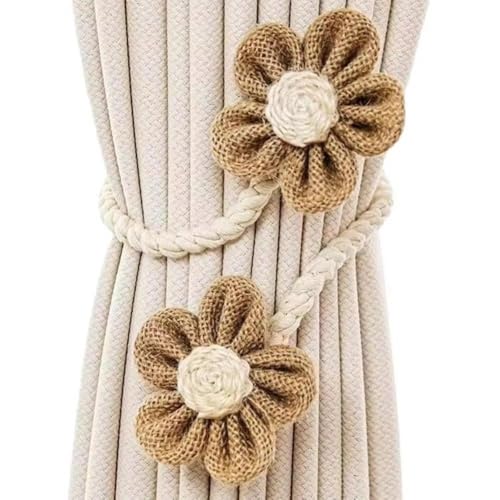 Image of Catchy Rope White & (Set of Brown Holders Holdback 2) Curtains Tieback Drapery Jute Tiebacks. Natural Decorative Window Neutral Combo Curtains Floral Curtain Beautiful (2, Complete Brown)