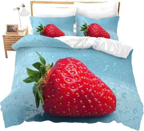 Funda Nórdica Cama 80/90 Fresas Rojas Microfibra Suave Ropa de Cama 3 Piezas Fundas Nordicas 3D Frutas Funda Edredon 135x200 cm y 2 Fundas de Almohada 50x75 cm g.1370