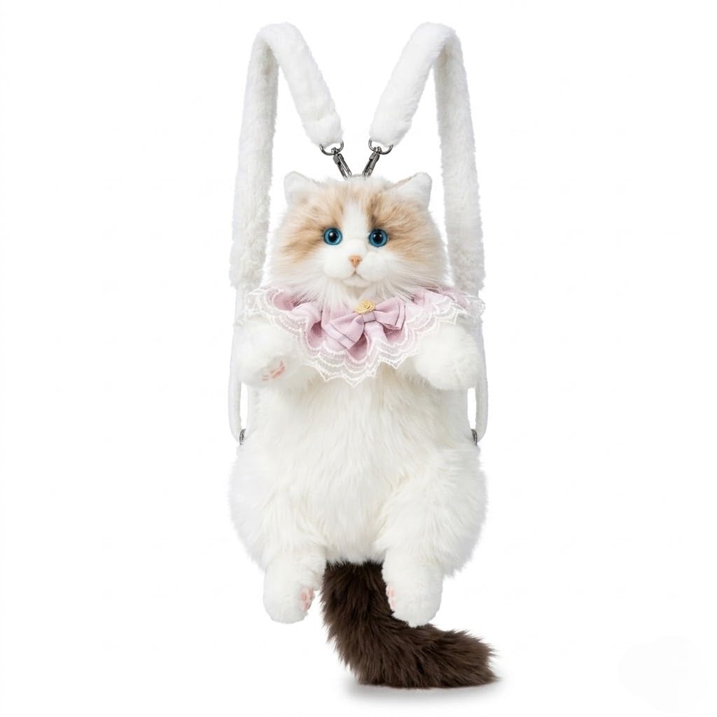 Realistic Ragdoll Cat Backpack – Ultra‑Fluffy Plush Bag with Blue Eyes, Pink Bow & Lace Collar | Cute Kawaii Animal Backpack for Girls, Travel, Gifts, School & Fashion-image-37