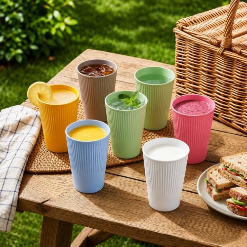 Image of Wheat Straw Cups - Set of 6 Reusable 400ml Drinking Glasses | Ribbed Unbreakable Lightweight Tumblers for Water, Juice, Tea, Coffee | Home, Kitchen, Outdoor Use (Multicolor)