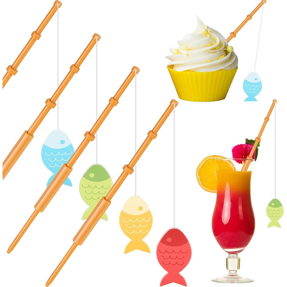 CTRLZS Mini Fish Pole Decoration 36 Pcs for Birthday Party Cupcake Picks Little Fisherman Fishing Pole Tropical Party