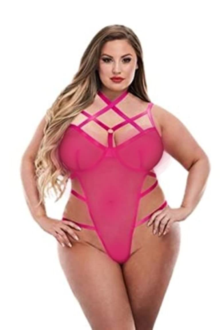 Plus Size Sexy Strappy Cage Teddy Hot Pink Queen Size