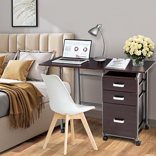 Giantex Opvouwbaar bureau, 3 opberglades en afsluitbare wielen, compacte roltafel, metalen frame, als bijzettafel, kantoor, computertafel, voor woonkamer, slaapkamer - Afbeelding 5