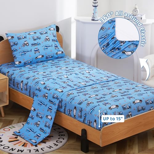 Image of Viviland 3 Pieces Boys Police Car Twin Sheet Set - Soft Microfiber Fitted Flat Sheets & Pillowcase Bed Sheet Set - Blue Airplane Print Bedding Sets for Kids